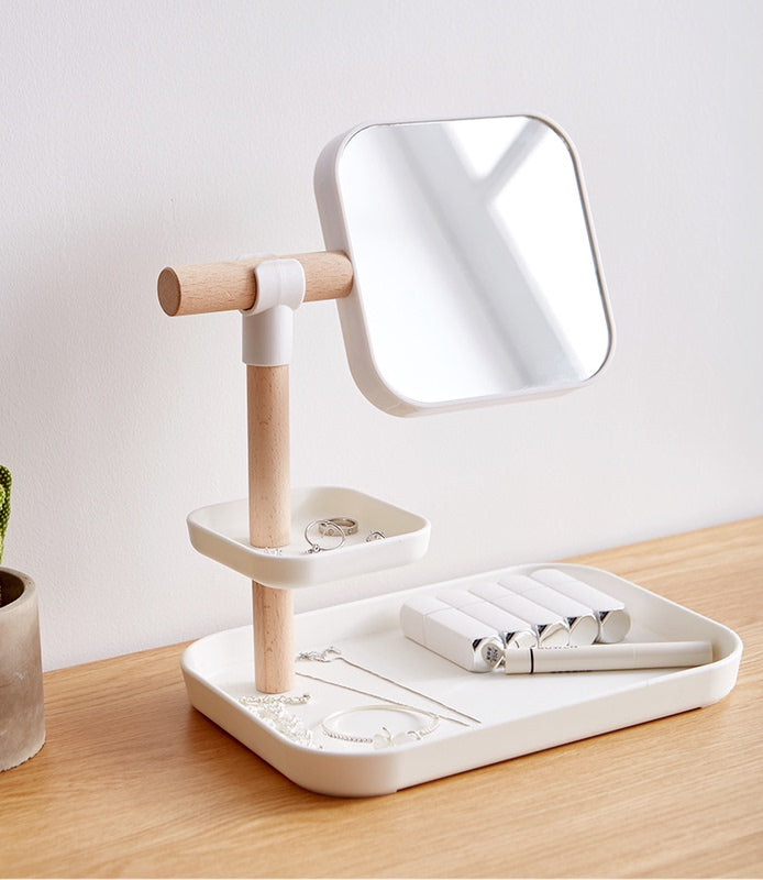 Beechwood Makeup Organizer Box with Mirror
