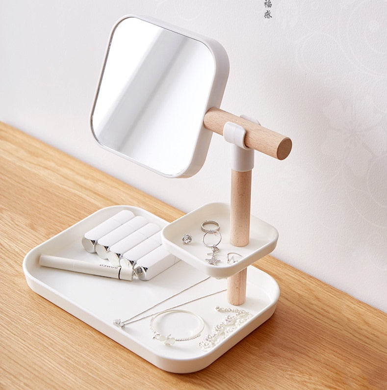 Beechwood Makeup Organizer Box with Mirror