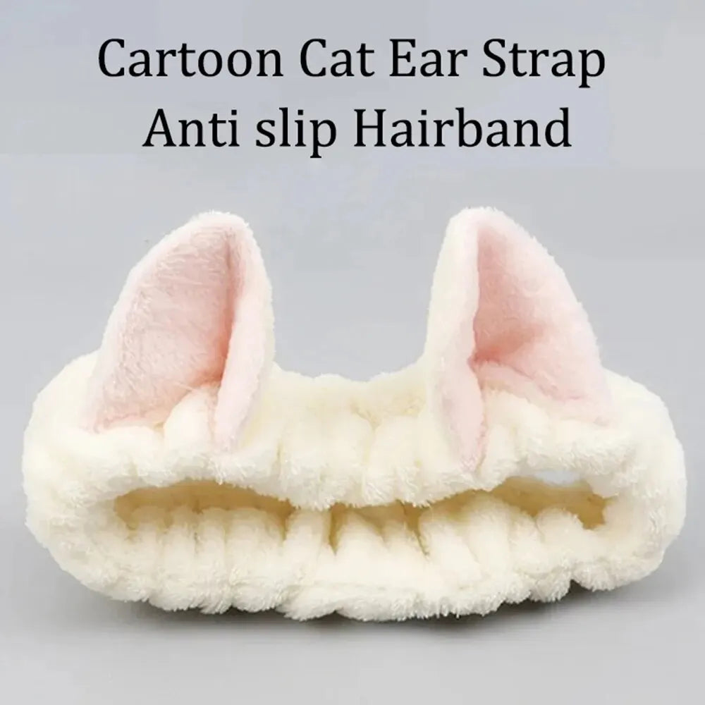 Cat Ear Coral Plush Headband – Cute Makeup & Skincare Hair Band