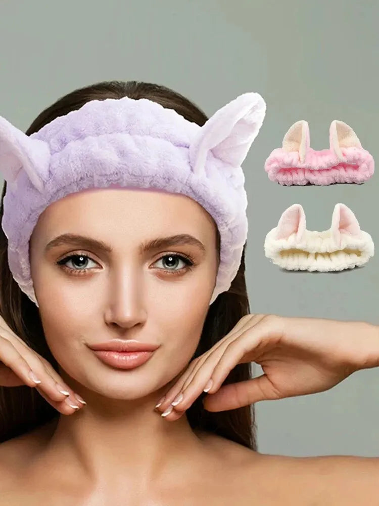 Cat Ear Coral Plush Headband – Cute Makeup & Skincare Hair Band