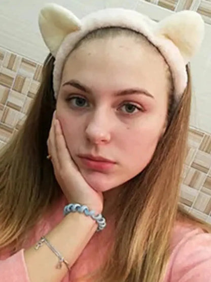 Cat Ear Coral Plush Headband – Cute Makeup & Skincare Hair Band
