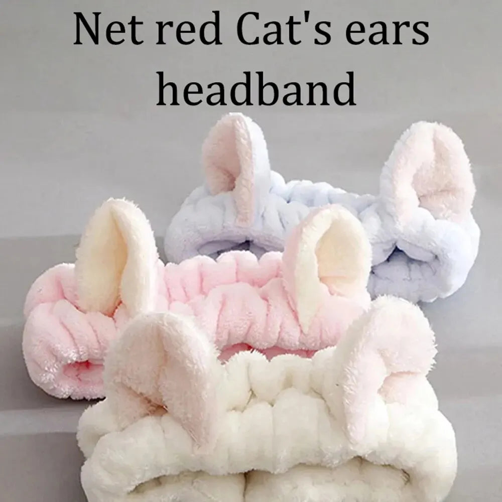 Cat Ear Coral Plush Headband – Cute Makeup & Skincare Hair Band