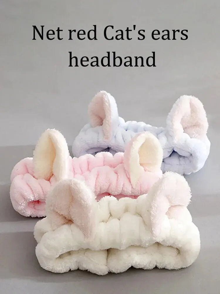 Cat Ear Coral Plush Headband – Cute Makeup & Skincare Hair Band