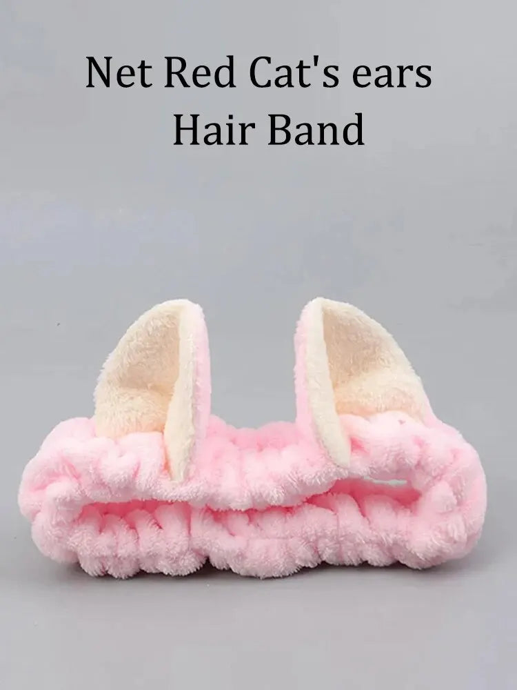 Cat Ear Coral Plush Headband – Cute Makeup & Skincare Hair Band