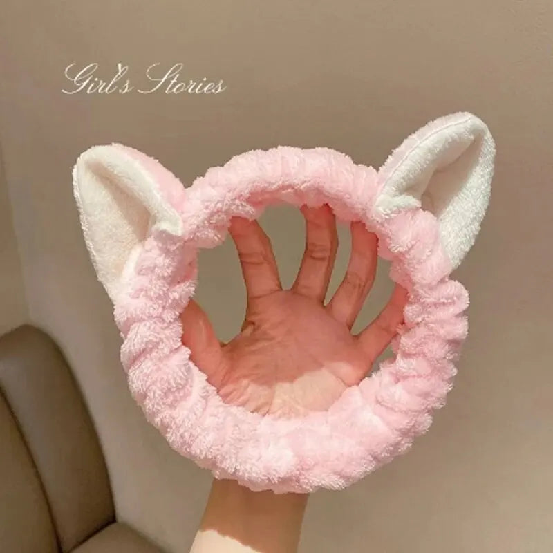 Cat Ear Coral Plush Headband – Cute Makeup & Skincare Hair Band